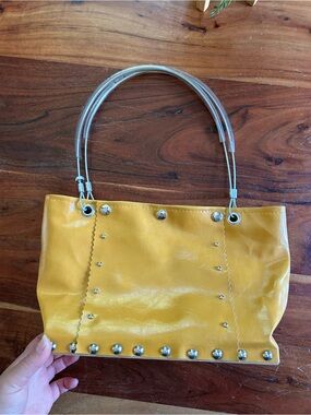 Hardware by Renee Yellow Vinyl Bag Industrial Cable Handle Purse statement bag